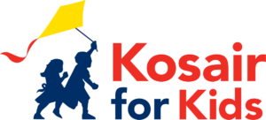 A logo for koski for kids, with a person walking under an umbrella.